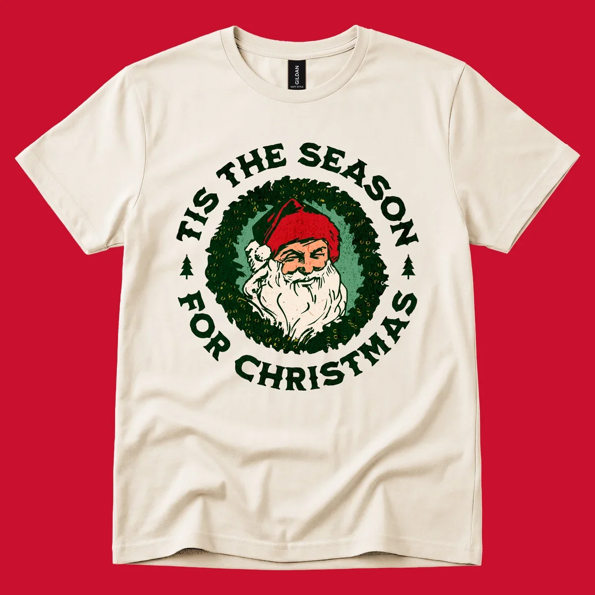 Santa Claus and 'Tis The Season For Christmas text with wreath graphic