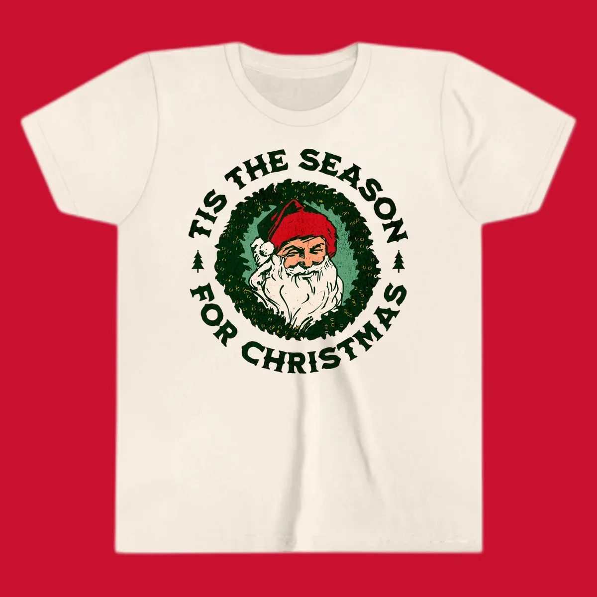 Santa Claus and 'Tis The Season For Christmas text with wreath graphic
