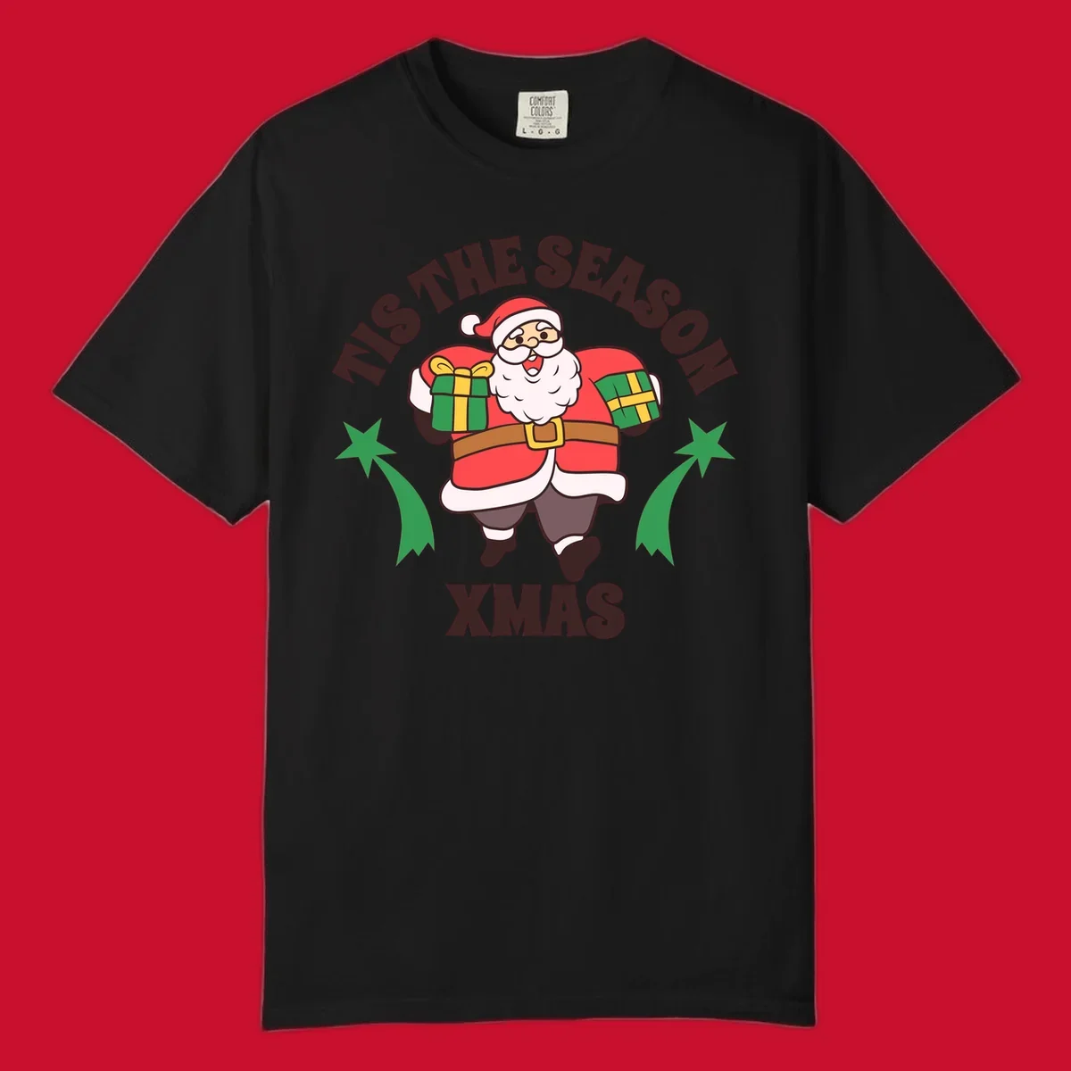 Santa Claus holding presents with 'Tis The Season Xmas text - santa christmas gifts