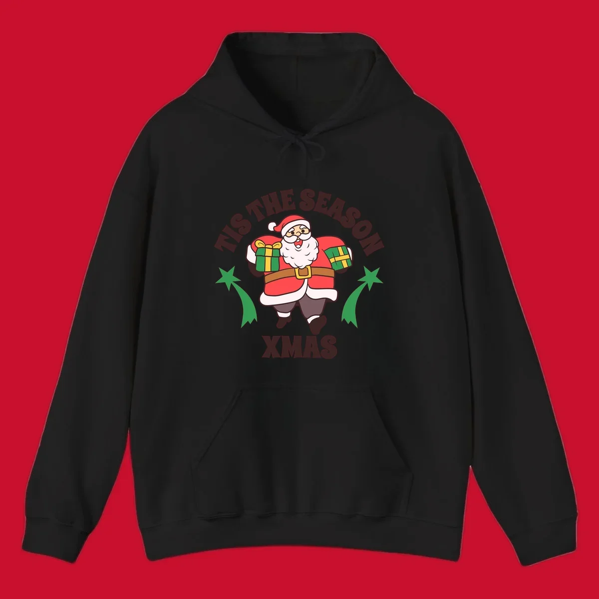 Santa Claus holding presents with 'Tis The Season Xmas text - santa christmas gifts