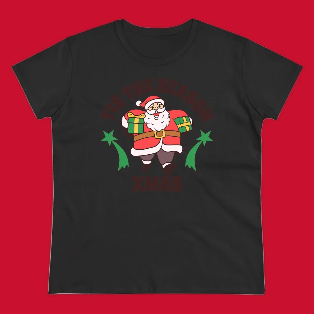 Santa Claus holding presents with 'Tis The Season Xmas text - santa christmas gifts