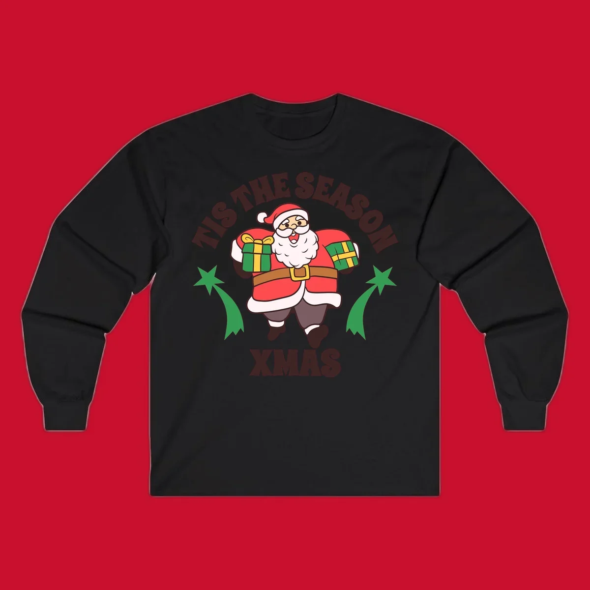 Santa Claus holding presents with 'Tis The Season Xmas text - santa christmas gifts