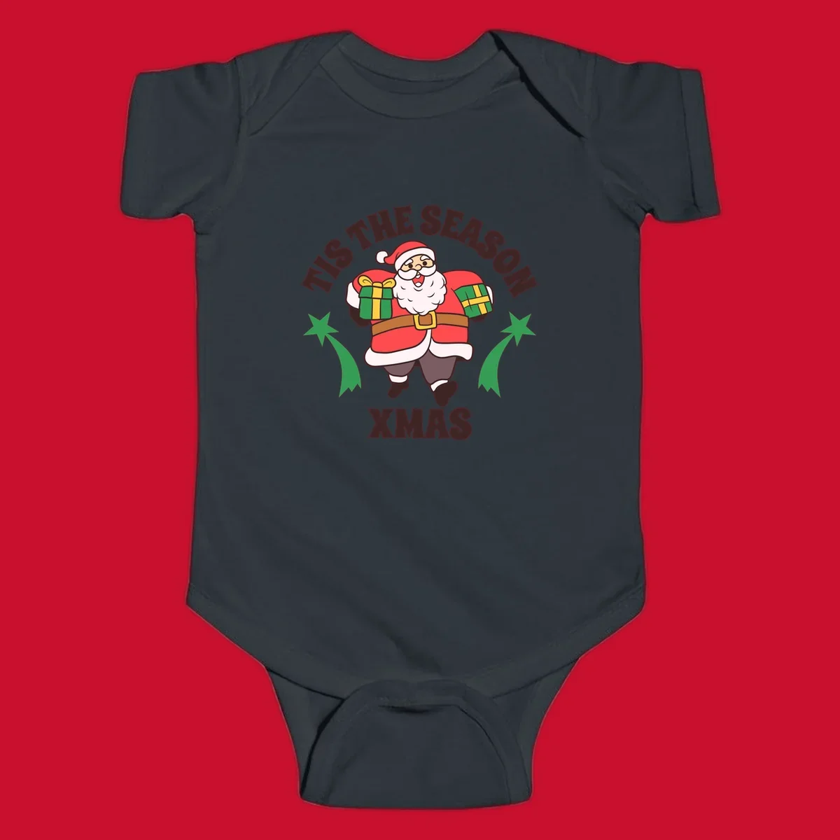 Santa Claus holding presents with 'Tis The Season Xmas text - santa christmas gifts