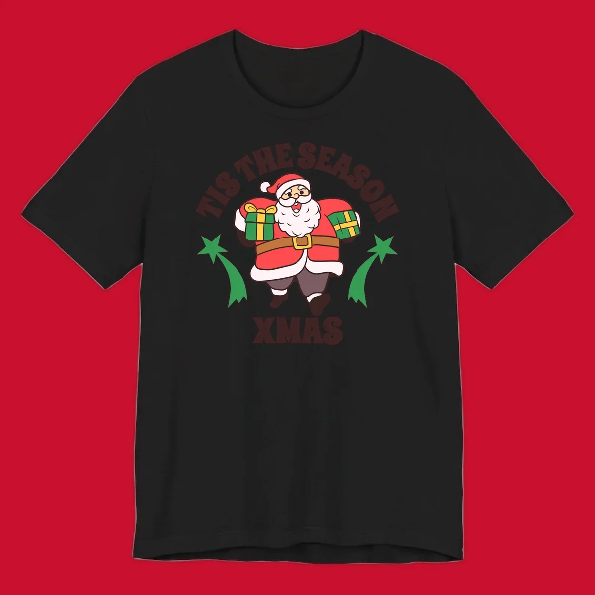 Santa Claus holding presents with 'Tis The Season Xmas text - santa christmas gifts