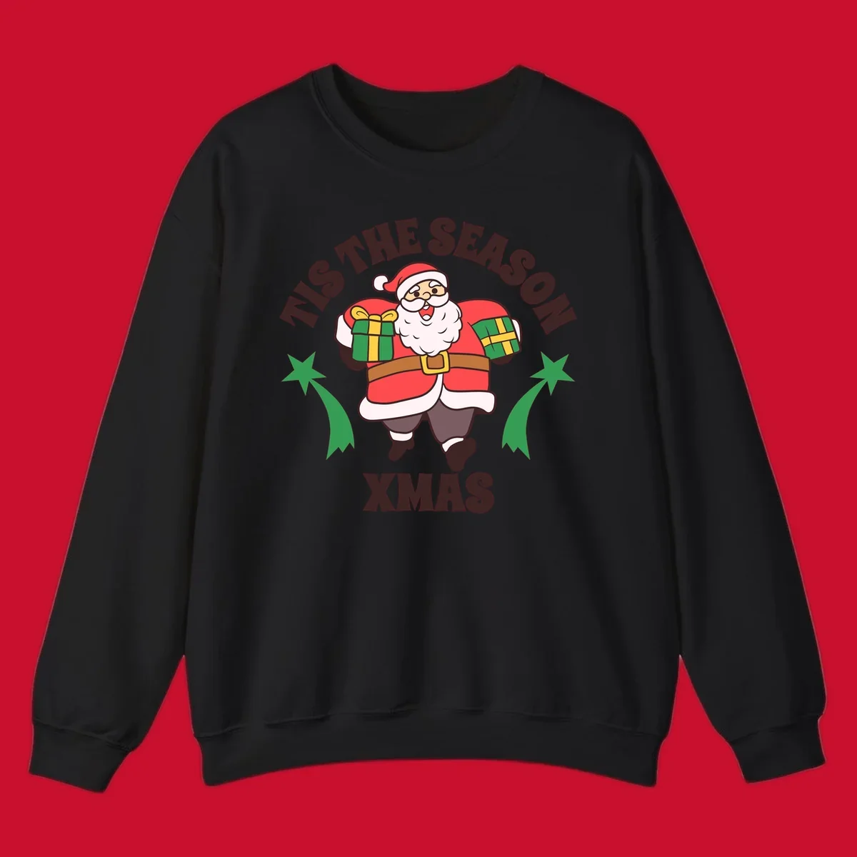Santa Claus holding presents with 'Tis The Season Xmas text - santa christmas gifts