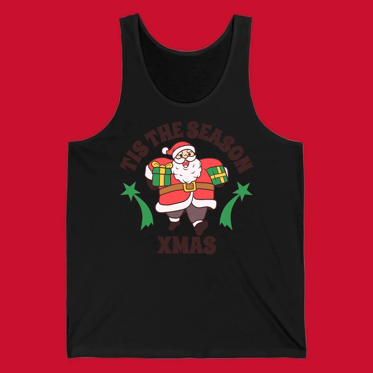 Santa Claus holding presents with 'Tis The Season Xmas text - santa christmas gifts