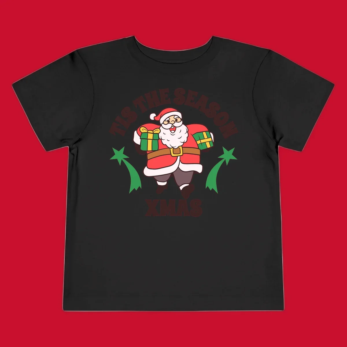 Santa Claus holding presents with 'Tis The Season Xmas text - santa christmas gifts