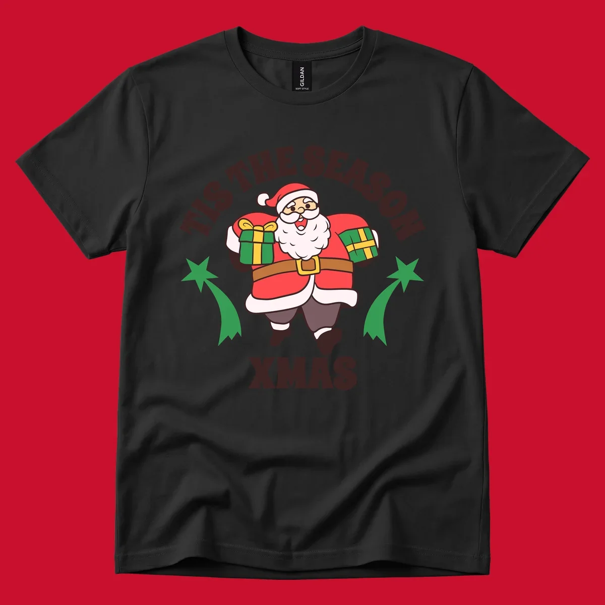Santa Claus holding presents with 'Tis The Season Xmas text - santa christmas gifts