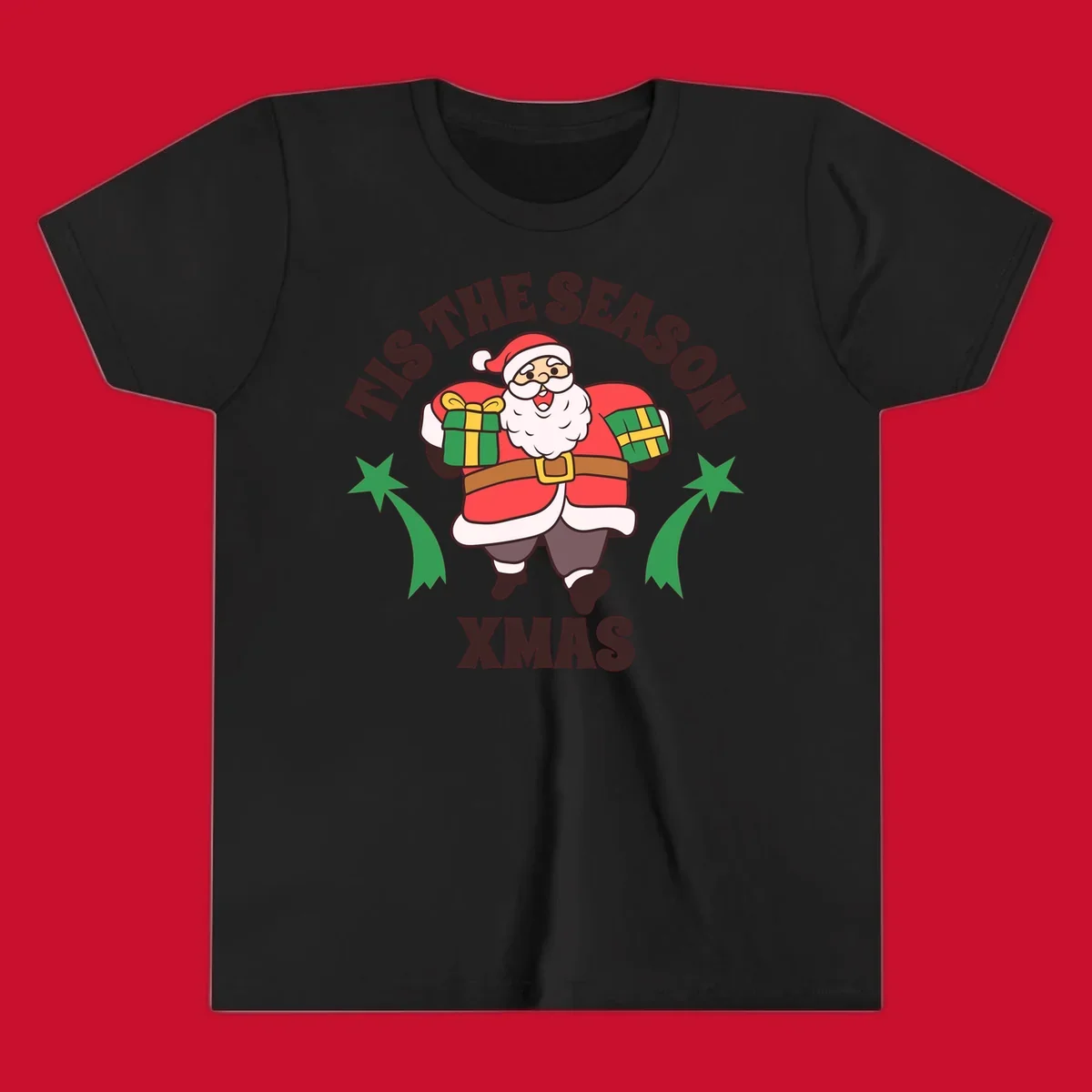 Santa Claus holding presents with 'Tis The Season Xmas text - santa christmas gifts