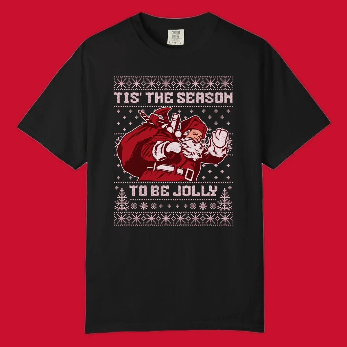 Santa Claus with gift bag and 'Tis The Season To Be Jolly' text on an ugly sweater background.