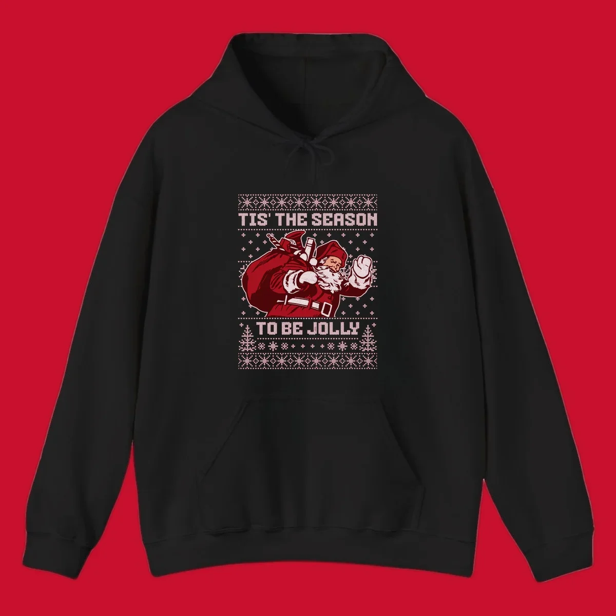 Santa Claus with gift bag and 'Tis The Season To Be Jolly' text on an ugly sweater background.