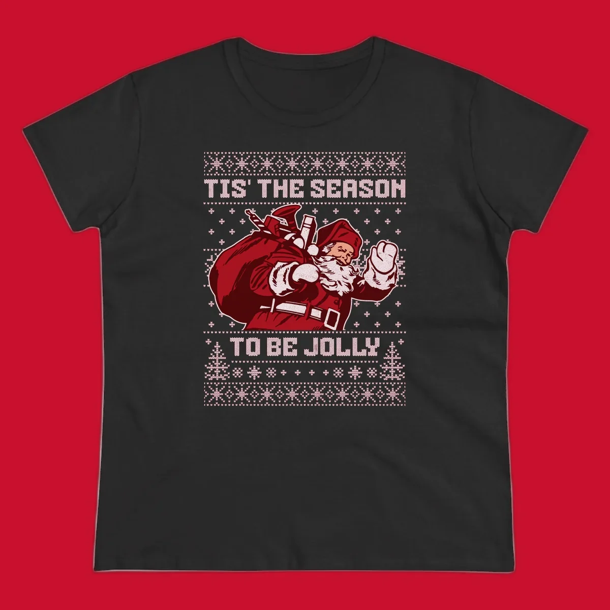 Santa Claus with gift bag and 'Tis The Season To Be Jolly' text on an ugly sweater background.