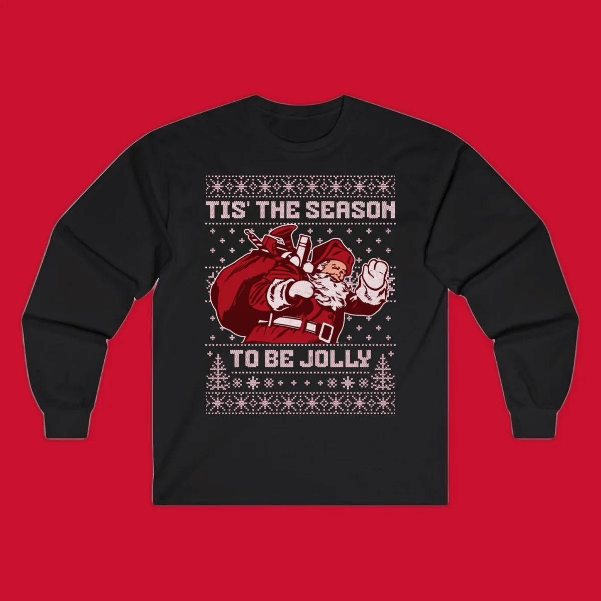 Santa Claus with gift bag and 'Tis The Season To Be Jolly' text on an ugly sweater background.
