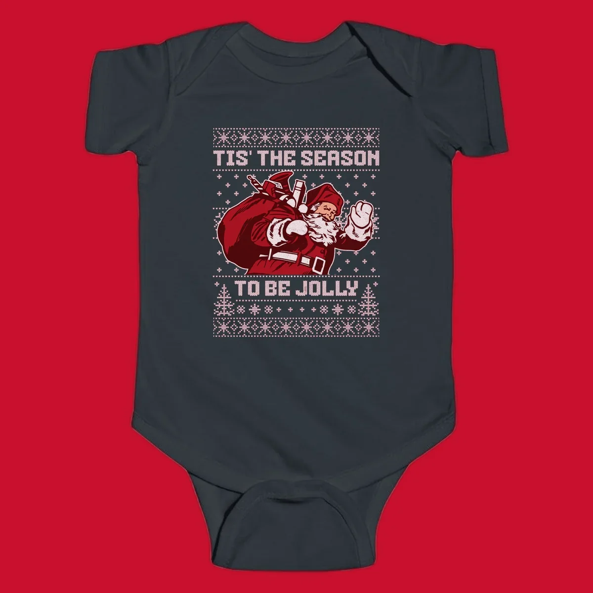 Santa Claus with gift bag and 'Tis The Season To Be Jolly' text on an ugly sweater background.