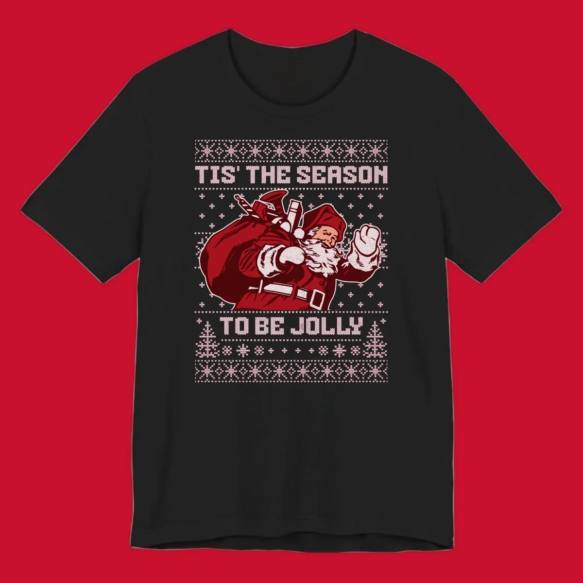 Santa Claus with gift bag and 'Tis The Season To Be Jolly' text on an ugly sweater background.
