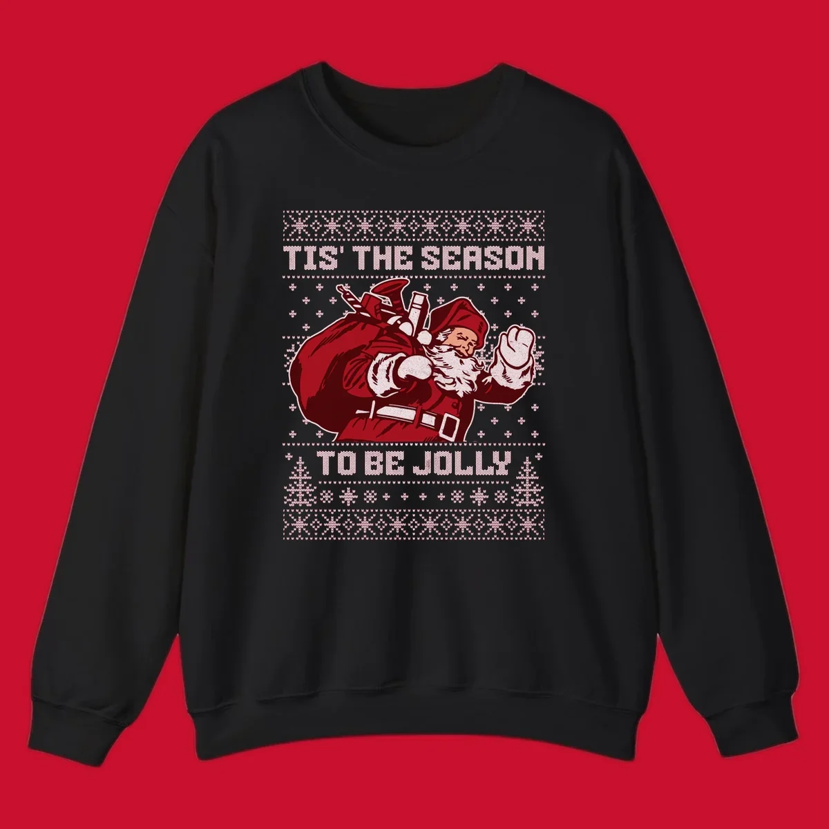 Santa Claus with gift bag and 'Tis The Season To Be Jolly' text on an ugly sweater background.