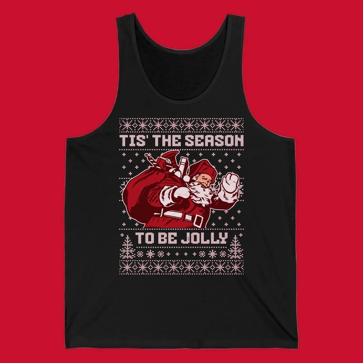 Santa Claus with gift bag and 'Tis The Season To Be Jolly' text on an ugly sweater background.