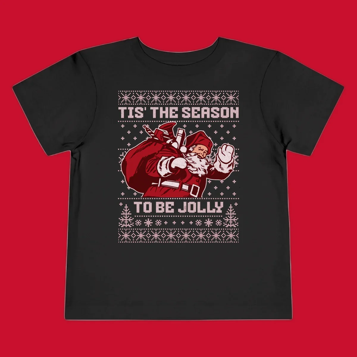 Santa Claus with gift bag and 'Tis The Season To Be Jolly' text on an ugly sweater background.
