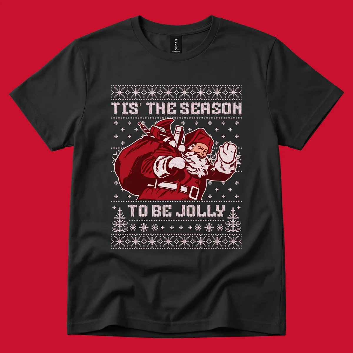 Santa Claus with gift bag and 'Tis The Season To Be Jolly' text on an ugly sweater background.