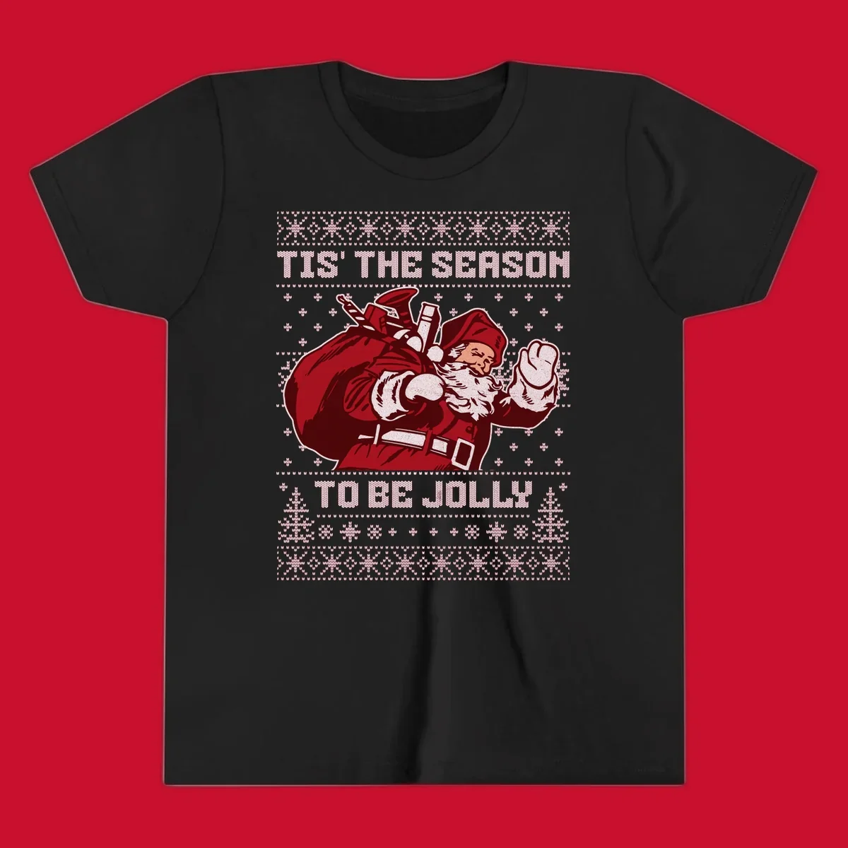 Santa Claus with gift bag and 'Tis The Season To Be Jolly' text on an ugly sweater background.