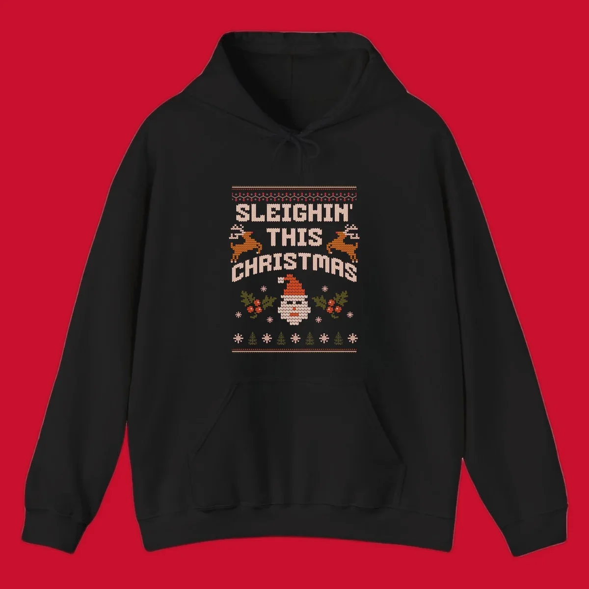 Sleighin' This Christmas ugly holiday sweater design with Santa, reindeer, and text.