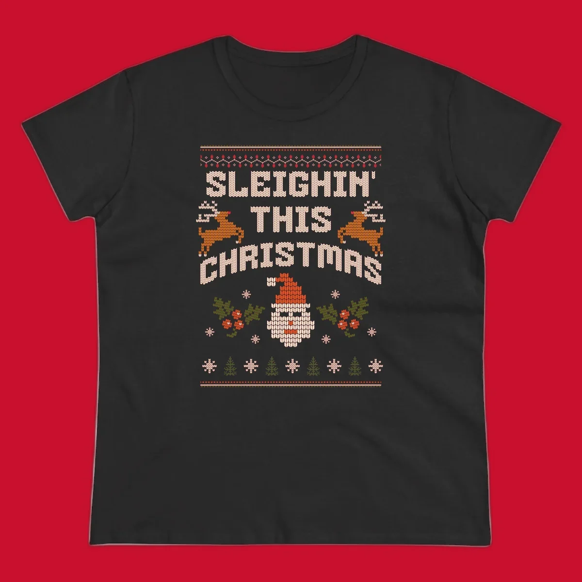 Sleighin' This Christmas ugly holiday sweater design with Santa, reindeer, and text.