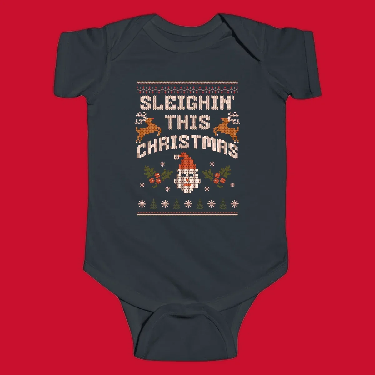 Sleighin' This Christmas ugly holiday sweater design with Santa, reindeer, and text.
