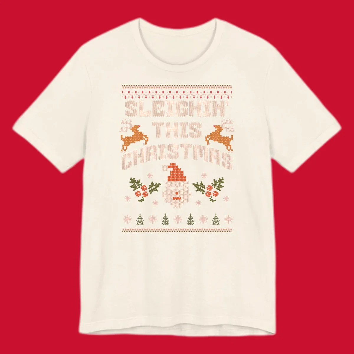 Sleighin' This Christmas ugly holiday sweater design with Santa, reindeer, and text.