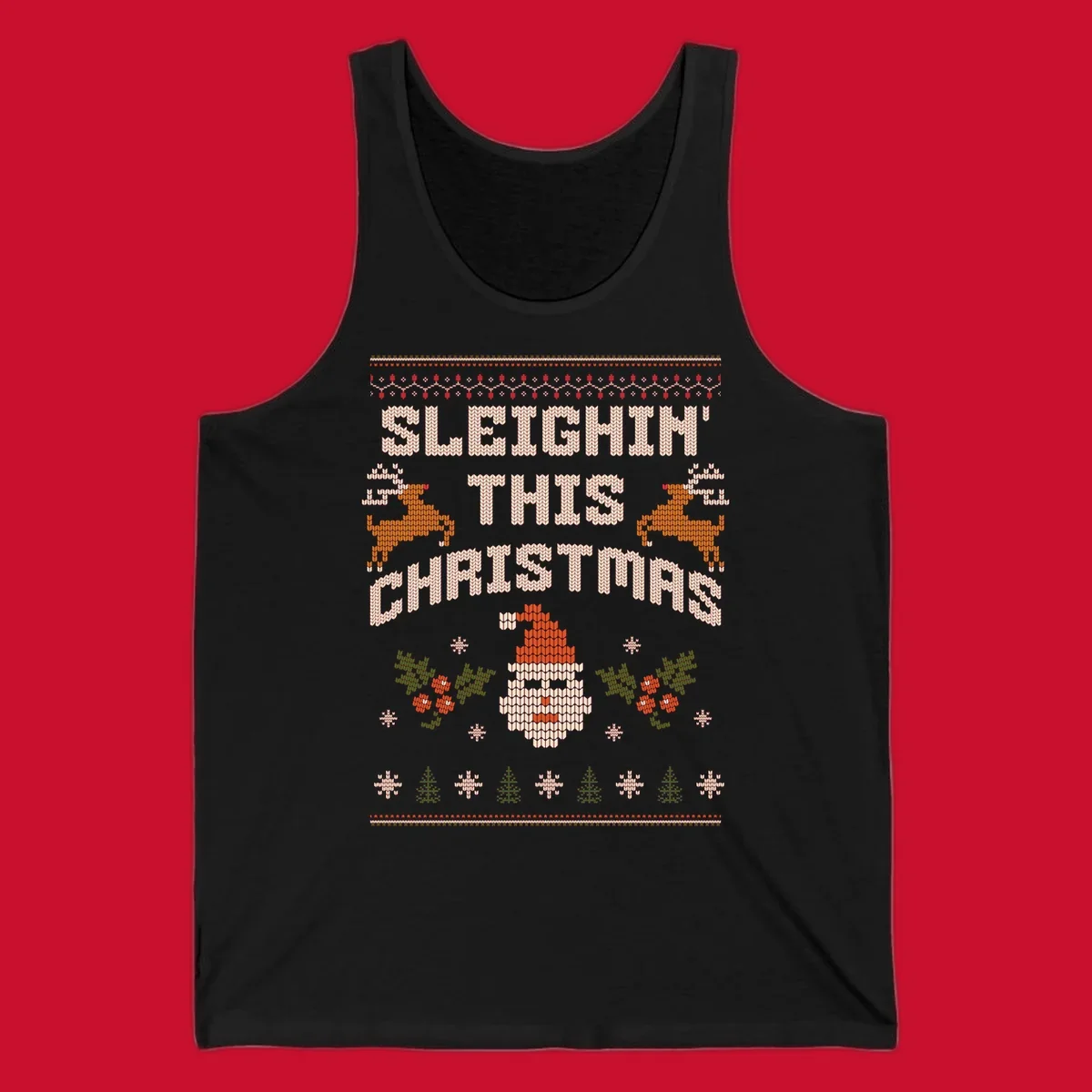 Sleighin' This Christmas ugly holiday sweater design with Santa, reindeer, and text.