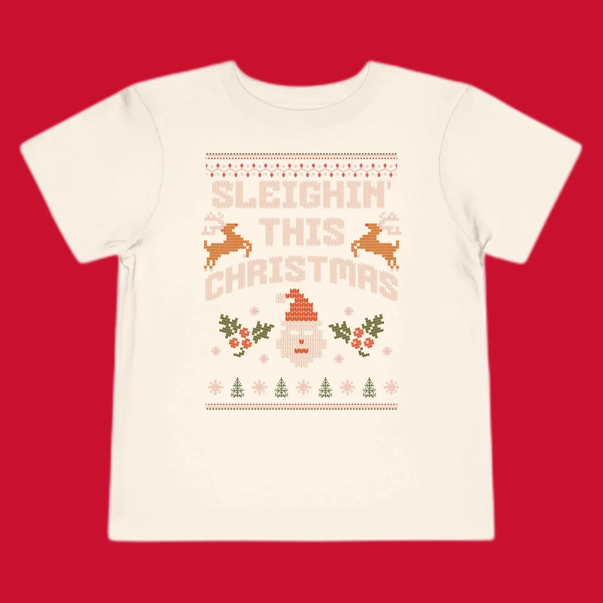 Sleighin' This Christmas ugly holiday sweater design with Santa, reindeer, and text.