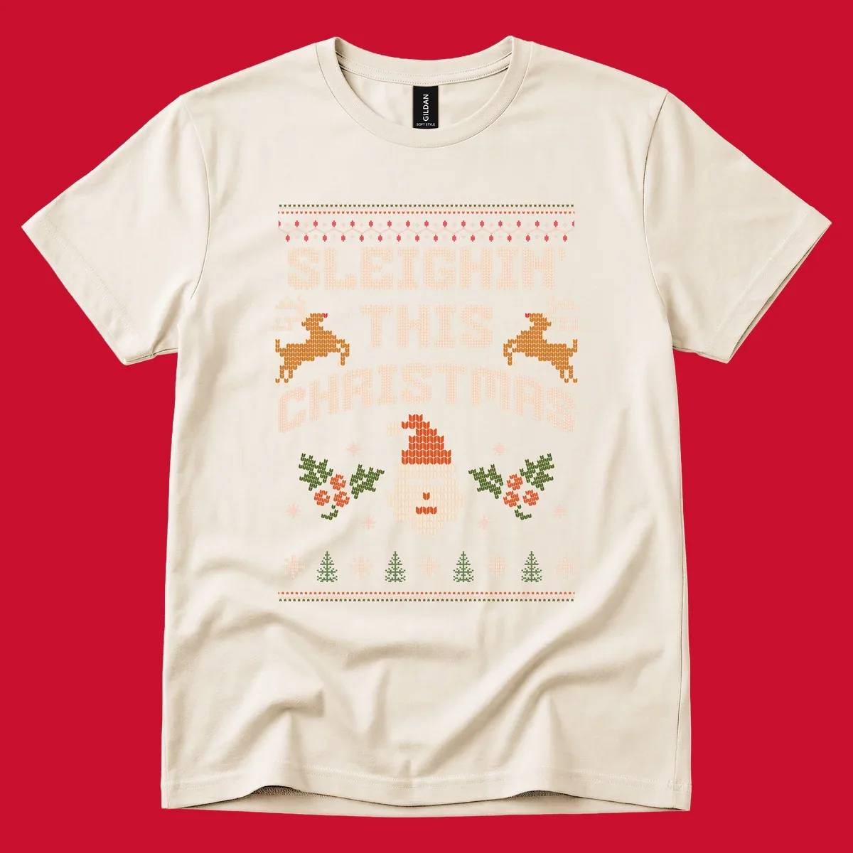 Sleighin' This Christmas ugly holiday sweater design with Santa, reindeer, and text.