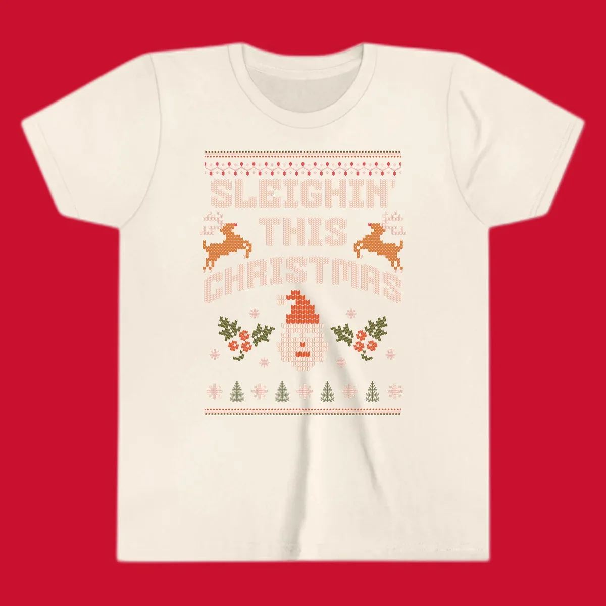 Sleighin' This Christmas ugly holiday sweater design with Santa, reindeer, and text.