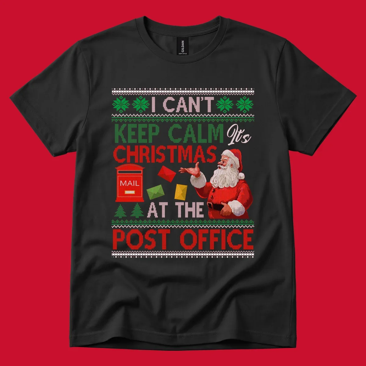 I CAN'T KEEP CALM IT'S CHRISTMAS AT THE POST OFFICE design with Santa and a mailbox, ugly sweater style.