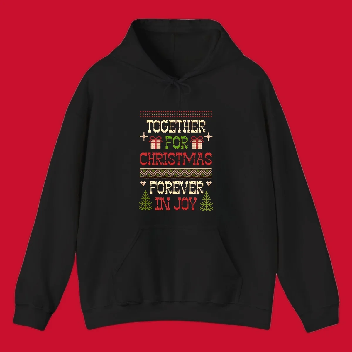 Ugly Christmas sweater style text design with phrases TOGETHER FOR CHRISTMAS FOREVER IN JOY, gift boxes, and trees.
