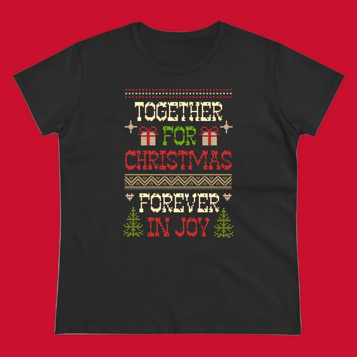 Ugly Christmas sweater style text design with phrases TOGETHER FOR CHRISTMAS FOREVER IN JOY, gift boxes, and trees.