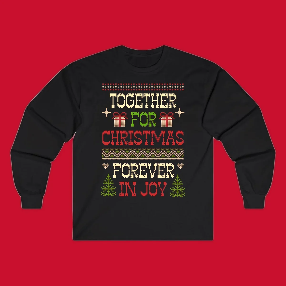 Ugly Christmas sweater style text design with phrases TOGETHER FOR CHRISTMAS FOREVER IN JOY, gift boxes, and trees.