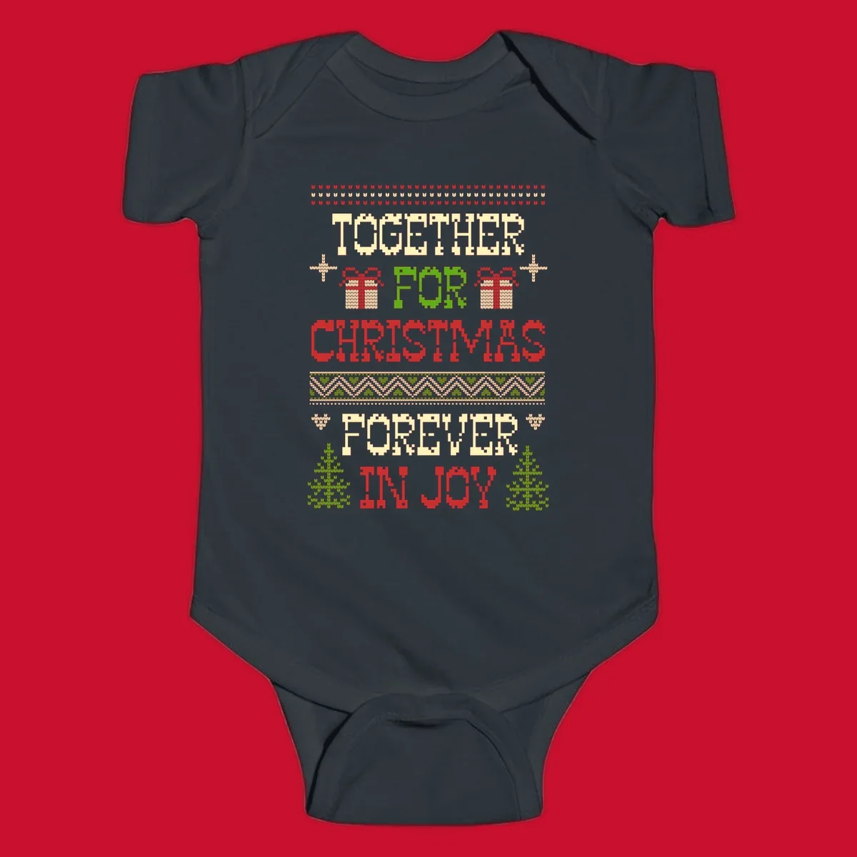 Ugly Christmas sweater style text design with phrases TOGETHER FOR CHRISTMAS FOREVER IN JOY, gift boxes, and trees.