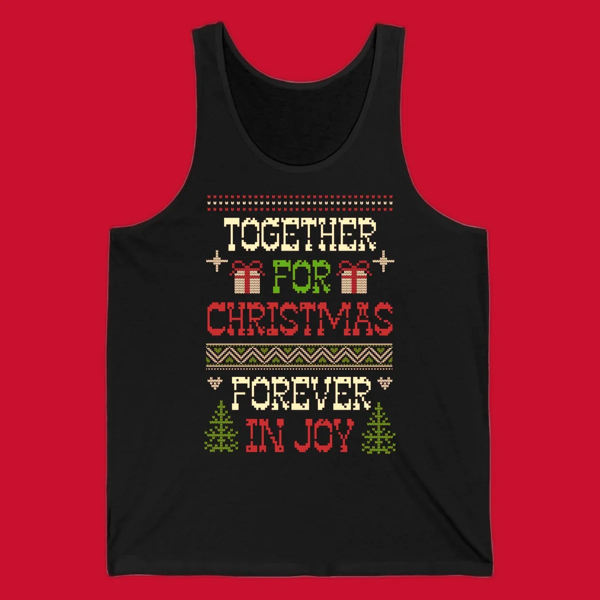 Ugly Christmas sweater style text design with phrases TOGETHER FOR CHRISTMAS FOREVER IN JOY, gift boxes, and trees.