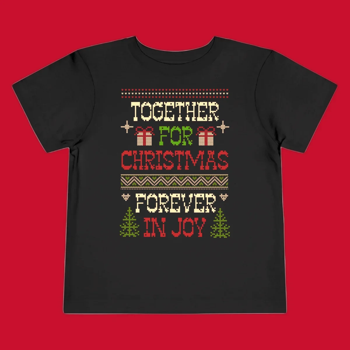 Ugly Christmas sweater style text design with phrases TOGETHER FOR CHRISTMAS FOREVER IN JOY, gift boxes, and trees.