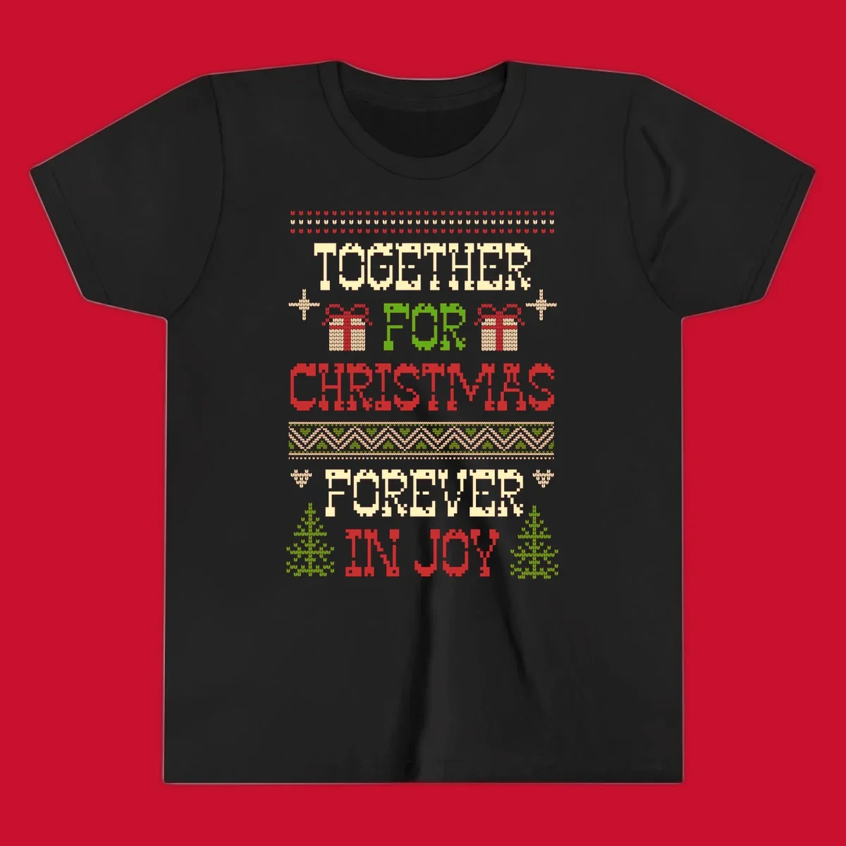 Ugly Christmas sweater style text design with phrases TOGETHER FOR CHRISTMAS FOREVER IN JOY, gift boxes, and trees.