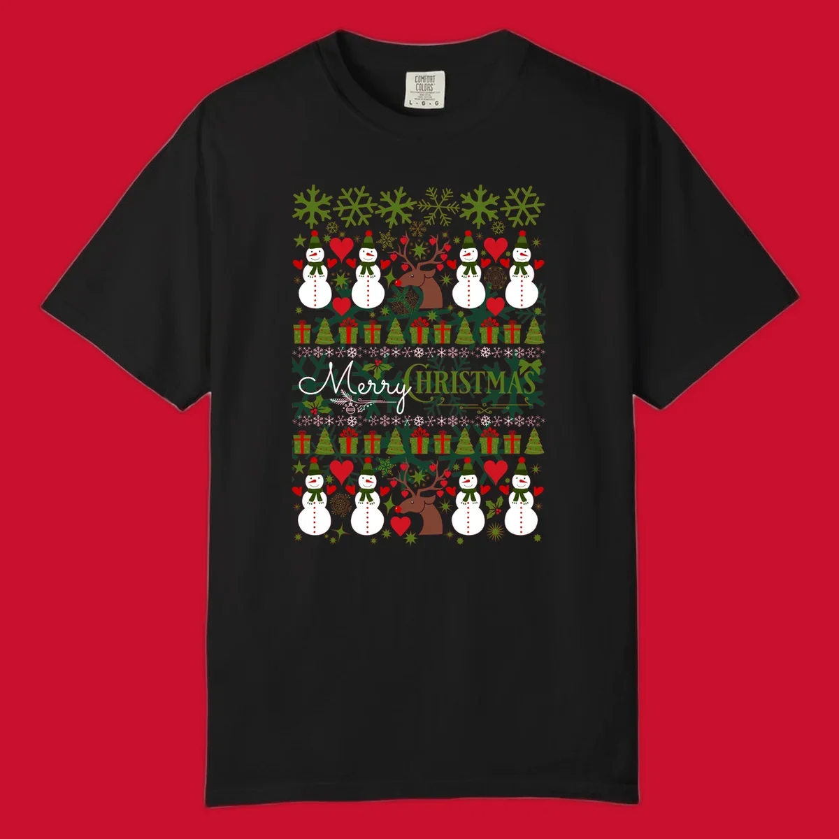 Ugly Christmas snowman and reindeer pattern with Merry Christmas text.