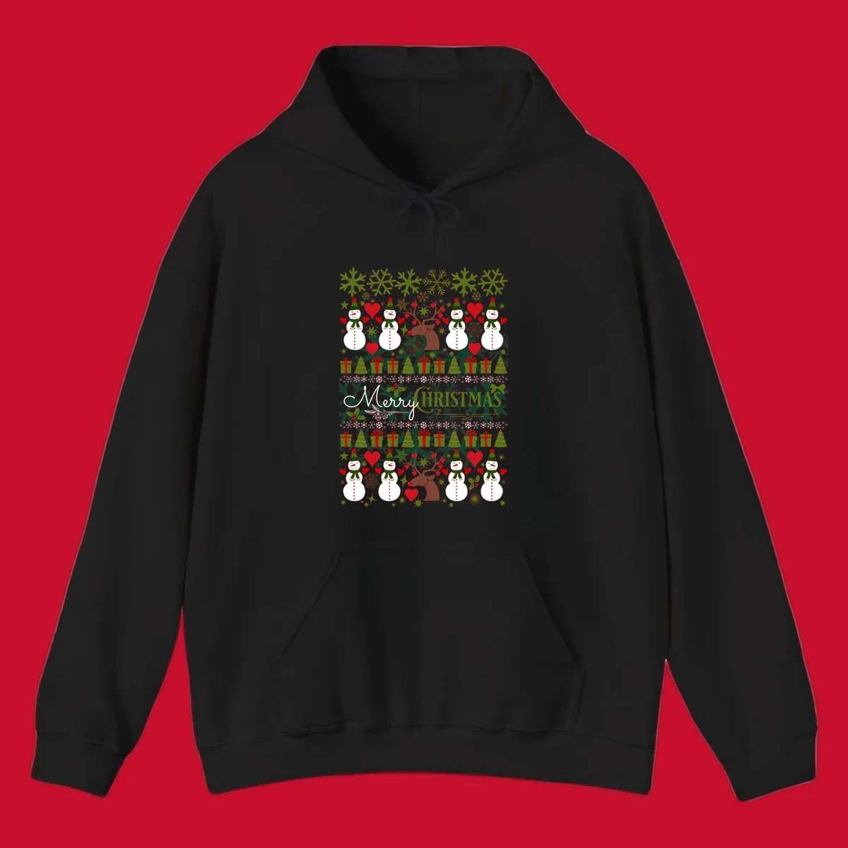 Ugly Christmas snowman and reindeer pattern with Merry Christmas text.