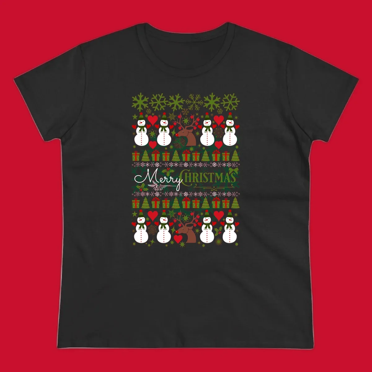 Ugly Christmas snowman and reindeer pattern with Merry Christmas text.