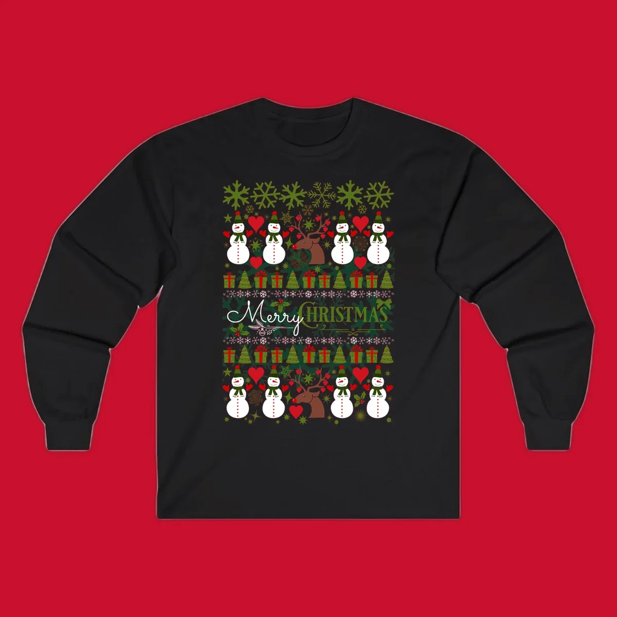 Ugly Christmas snowman and reindeer pattern with Merry Christmas text.