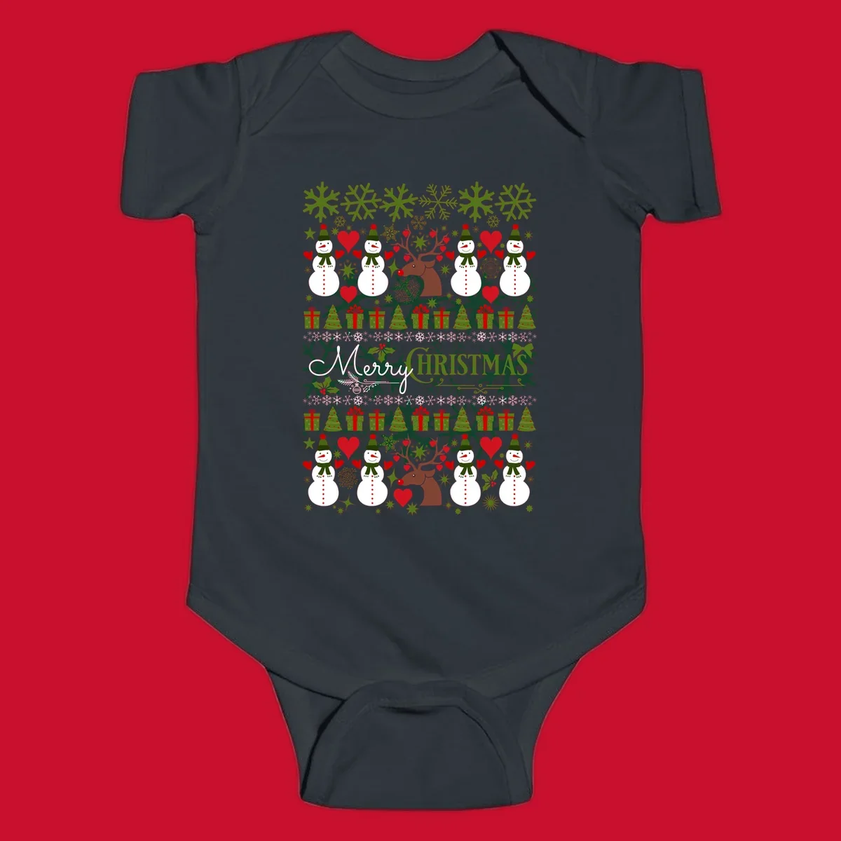 Ugly Christmas snowman and reindeer pattern with Merry Christmas text.
