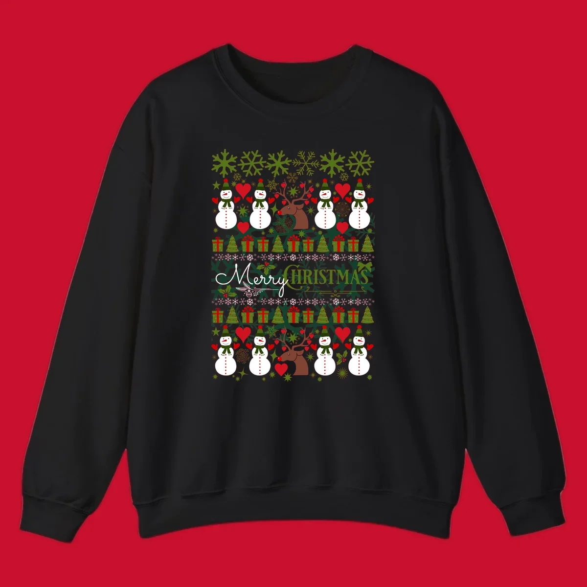 Ugly Christmas snowman and reindeer pattern with Merry Christmas text.