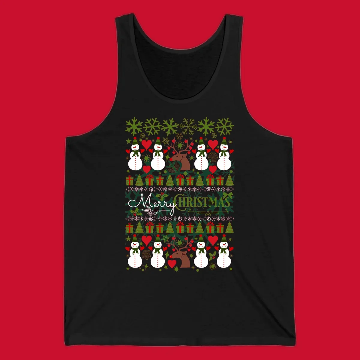 Ugly Christmas snowman and reindeer pattern with Merry Christmas text.