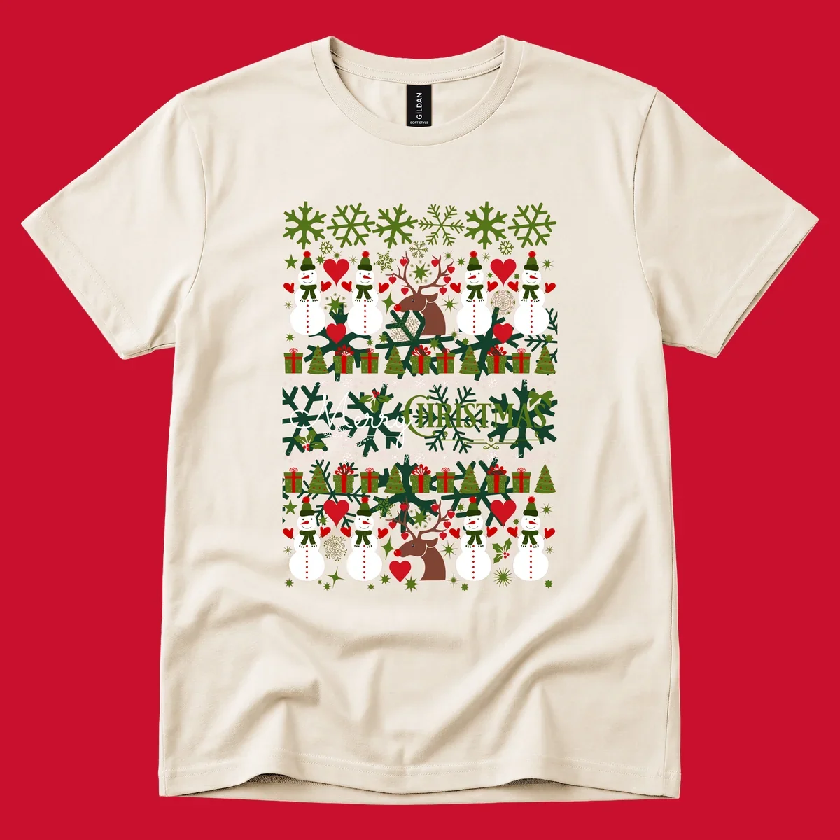 Ugly Christmas snowman and reindeer pattern with Merry Christmas text.