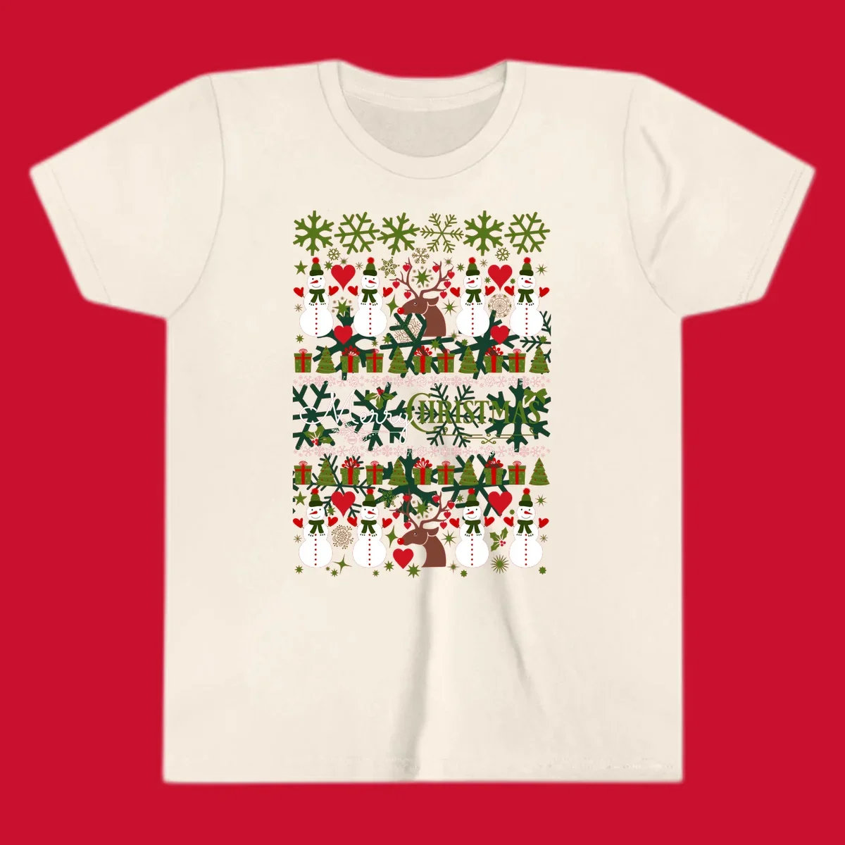 Ugly Christmas snowman and reindeer pattern with Merry Christmas text.