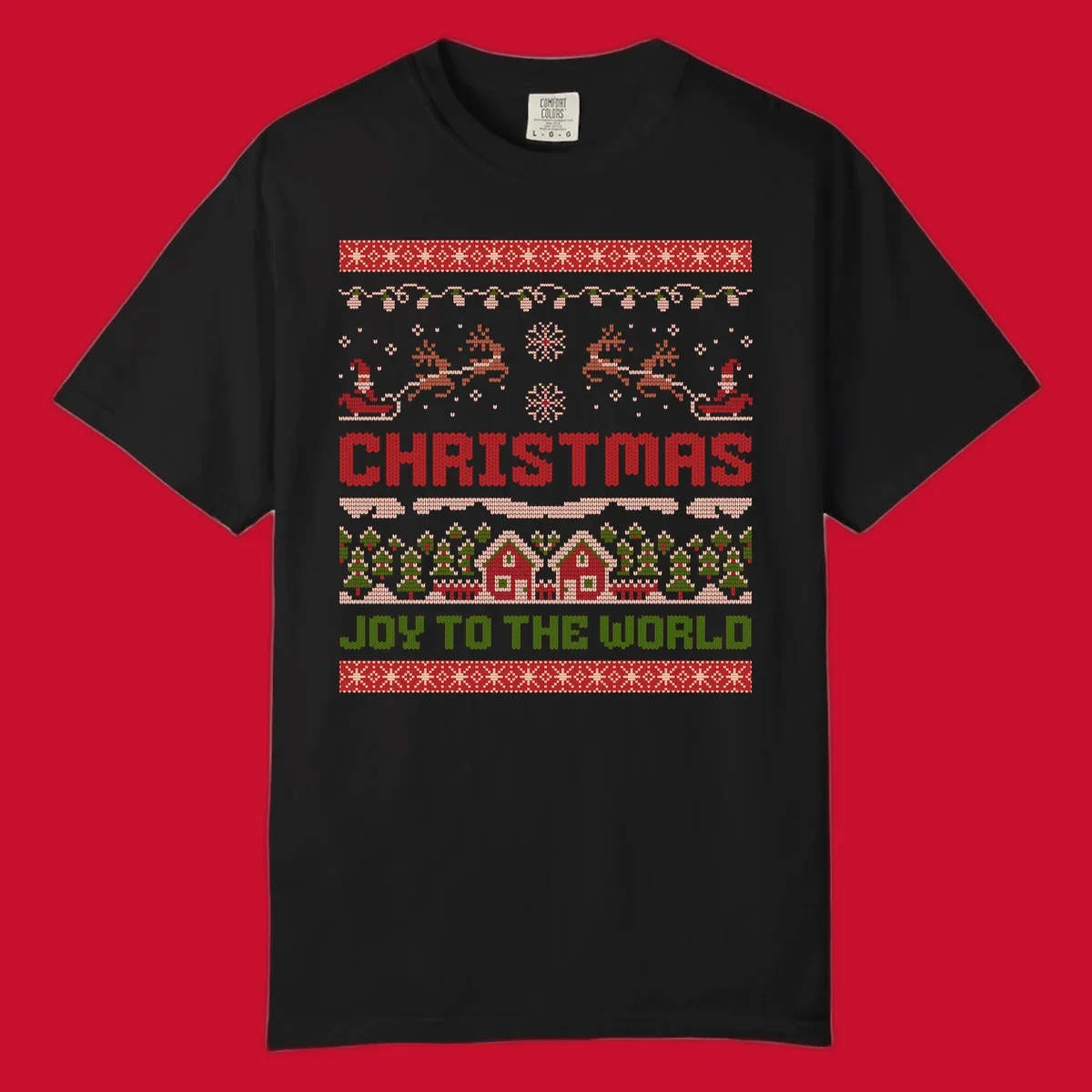 Christmas Joy Ugly Sweater design with reindeer, trees, and text.